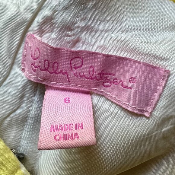 Lilly Pulitzer Size 6 Yellow & White Floral Swiss Dot Cotton Strapless Dress - Picture 2 of 16